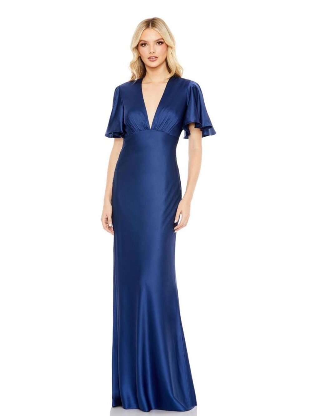 Mac Duggal Women's Sapphire Flutter Sleeve V-Neck Charmeuse Gown Dress Size 6